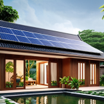 **Prompt:** A modern, eco-friendly Thai house with solar panels on the roof, lush green Xeriscape garden, and rainwater harvesting system. Focus on sustainable design elements, natural materials like wood, and energy-efficient LED lighting illuminating the interior.