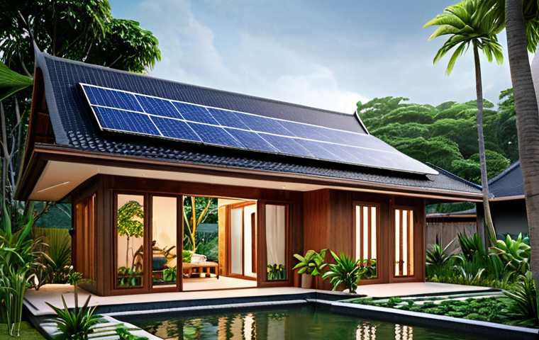 **Prompt:** A modern, eco-friendly Thai house with solar panels on the roof, lush green Xeriscape garden, and rainwater harvesting system. Focus on sustainable design elements, natural materials like wood, and energy-efficient LED lighting illuminating the interior.
