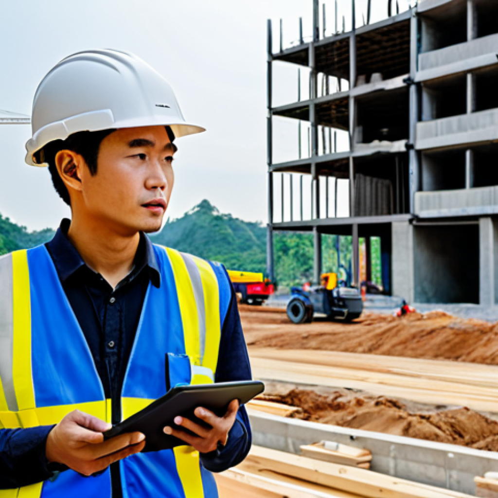 A professional Thai construction engineer, in a modest safety vest and hard hat, standing on a clean, active construction site. The engineer is holding a tablet displaying a detailed BIM model, looking intently at the screen. In the background, modern construction machinery and partially completed structures are visible, along with a drone flying overhead. The atmosphere is bustling yet orderly, conveying competence and the integration of technology with practical work. safe for work, appropriate content, fully clothed, professional dress, perfect anatomy, correct proportions, natural pose, well-formed hands, proper finger count, natural body proportions, high-quality, professional photography, realistic rendering, family-friendly.