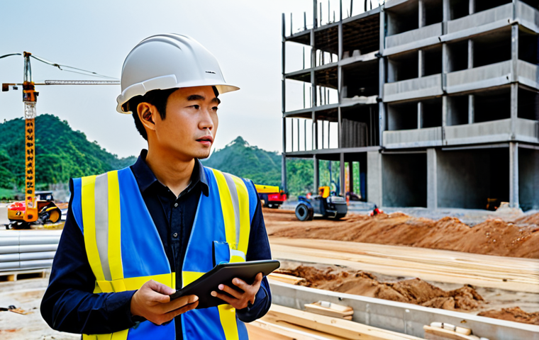 A professional Thai construction engineer, in a modest safety vest and hard hat, standing on a clean, active construction site. The engineer is holding a tablet displaying a detailed BIM model, looking intently at the screen. In the background, modern construction machinery and partially completed structures are visible, along with a drone flying overhead. The atmosphere is bustling yet orderly, conveying competence and the integration of technology with practical work. safe for work, appropriate content, fully clothed, professional dress, perfect anatomy, correct proportions, natural pose, well-formed hands, proper finger count, natural body proportions, high-quality, professional photography, realistic rendering, family-friendly.