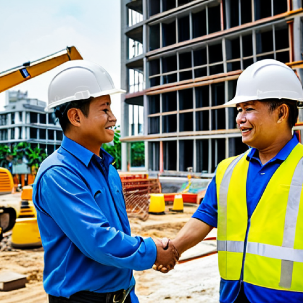 **Prompt:** A professional Thai engineer in appropriate attire, shaking hands with a construction site manager in front of a modern building project in Bangkok, fully clothed, professional setting, safe for work, perfect anatomy, natural proportions, family-friendly. The image should convey collaboration and trust.