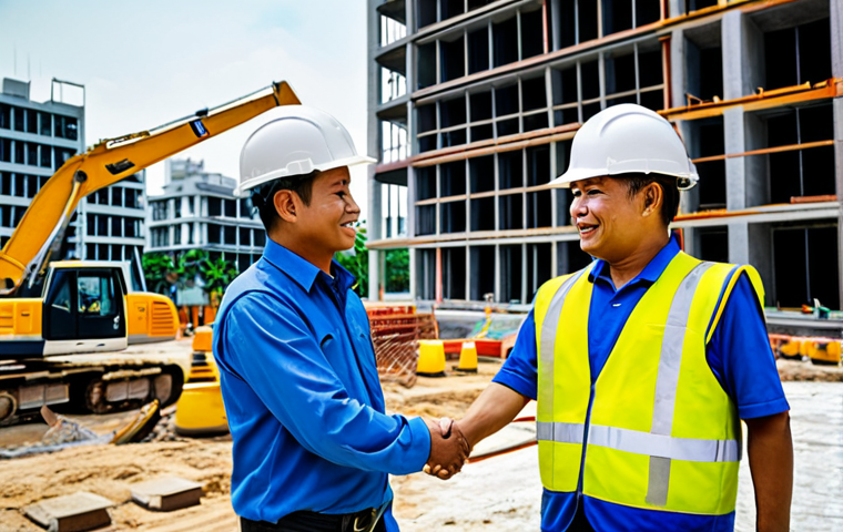 **Prompt:** A professional Thai engineer in appropriate attire, shaking hands with a construction site manager in front of a modern building project in Bangkok, fully clothed, professional setting, safe for work, perfect anatomy, natural proportions, family-friendly. The image should convey collaboration and trust.