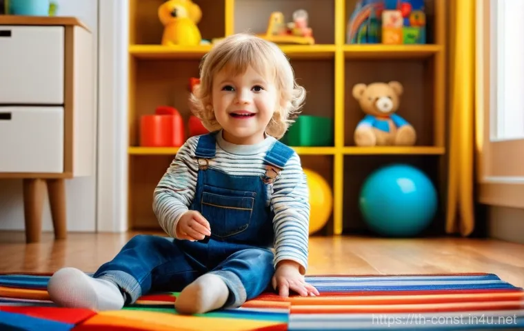 건축 시공 전문가가 알아야 할 트렌드 - A cheerful 4-year-old child, with bright, curious eyes, is sitting on a colorful rug in a sunlit pla...