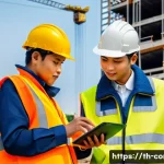 Home 22 시공 원가 관리 노하우 - A detailed construction site scene in Thailand showing a diverse team of engineers, architects, and ...