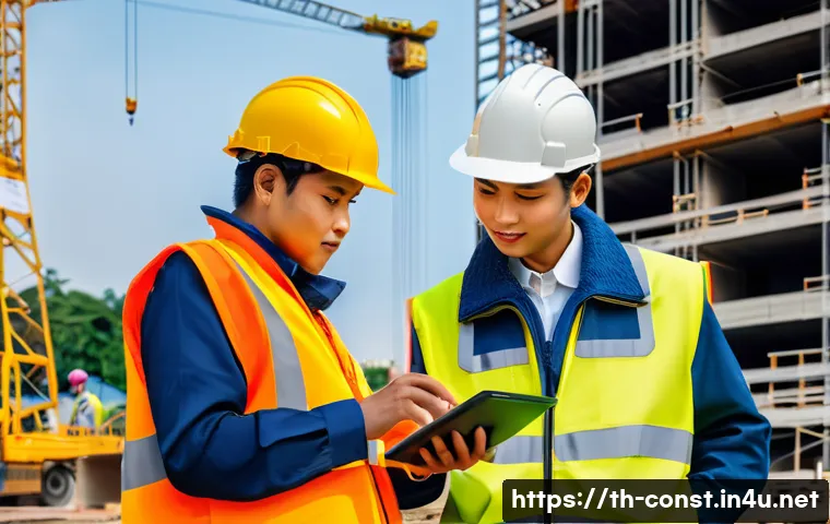 시공 원가 관리 노하우 - A detailed construction site scene in Thailand showing a diverse team of engineers, architects, and ...