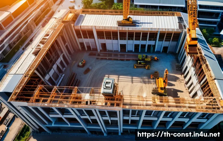 건설 현장에서의 드론 활용 사례 - A modern construction site in Bangkok, Thailand, viewed from above by a multi-rotor drone equipped w...