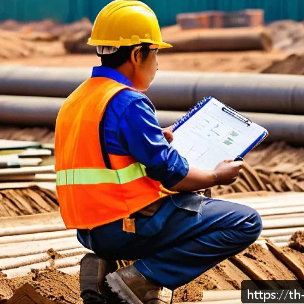 시공전문가 일상 기록 팁 - A detailed construction site office scene showing a construction manager using a waterproof notebook...
