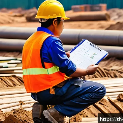Home 32 시공전문가 일상 기록 팁 - A detailed construction site office scene showing a construction manager using a waterproof notebook...