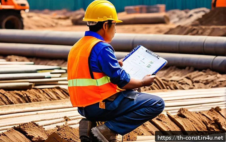 시공전문가 일상 기록 팁 - A detailed construction site office scene showing a construction manager using a waterproof notebook...