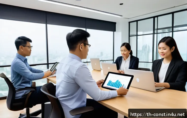 건축 시공 프로젝트 관리 소프트웨어 - A professional construction project management team in a modern Thai office, using laptops and table...