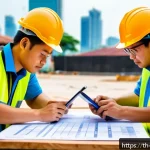Home 23 시공 전문가를 위한 시간 관리 팁 - A detailed construction site scene in Bangkok, Thailand, showing a diverse team of Thai workers wear...