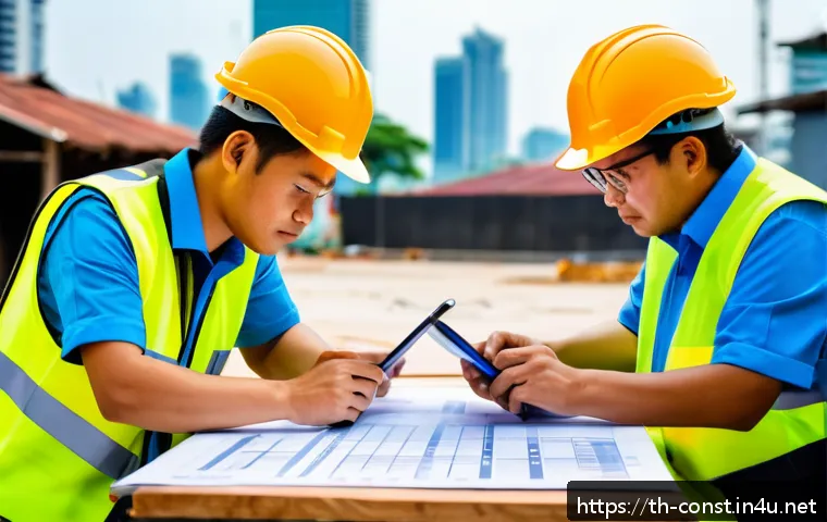 시공 전문가를 위한 시간 관리 팁 - A detailed construction site scene in Bangkok, Thailand, showing a diverse team of Thai workers wear...