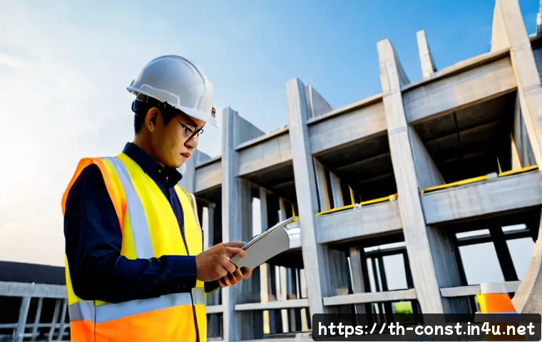Home 17 건축 시공 분야의 특허 및 기술 - Photorealistic construction innovation scene in Thailand, a Thai civil engineer wearing a hard hat a...