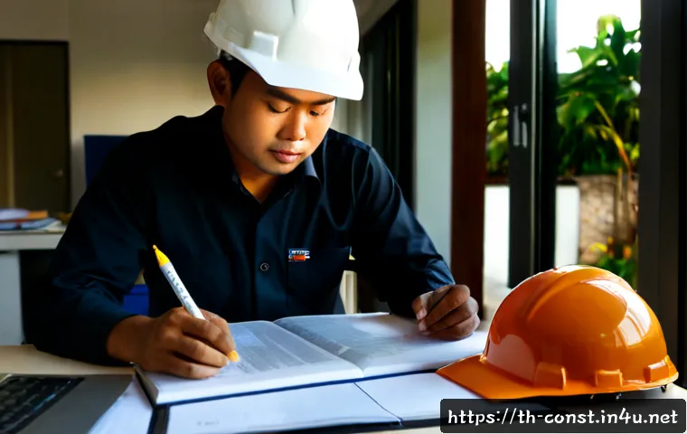 시공 전문가가 읽어야 할 필독서 - Photorealistic Thai construction professional in a clean site office, studying a thick unmarked tech...
