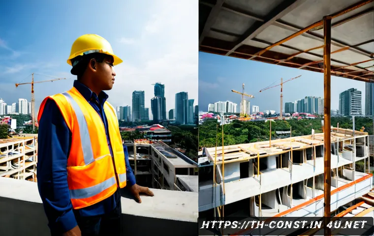 Home 17 건축 시공 공법 비교 분석 - Photorealistic architectural construction method comparison at a modern Bangkok building site, split...